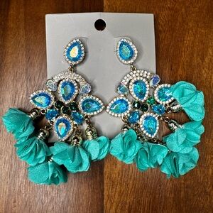 Teal Crystal Floral Drop Earrings